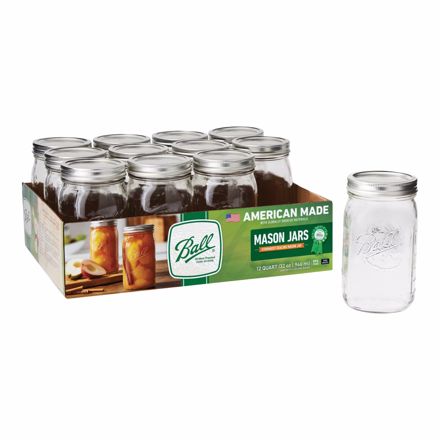 Ball Wide Mouth Quart 32oz. Glass Mason Jars with Lids and Bands, 12 Count