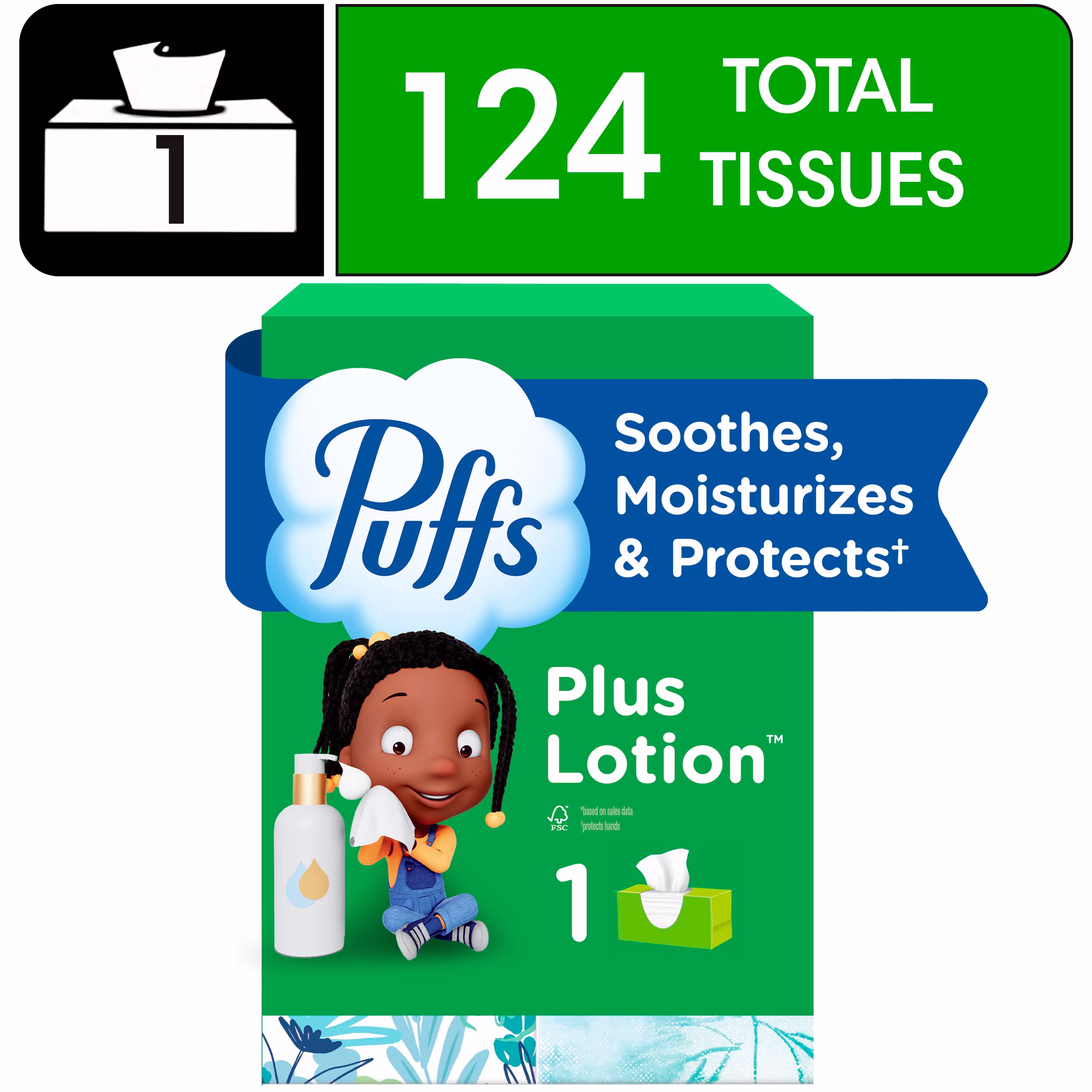 Puffs Facial Tissue Plus Lotion, 1 Rectangle Box, 124 Tissues Per Box