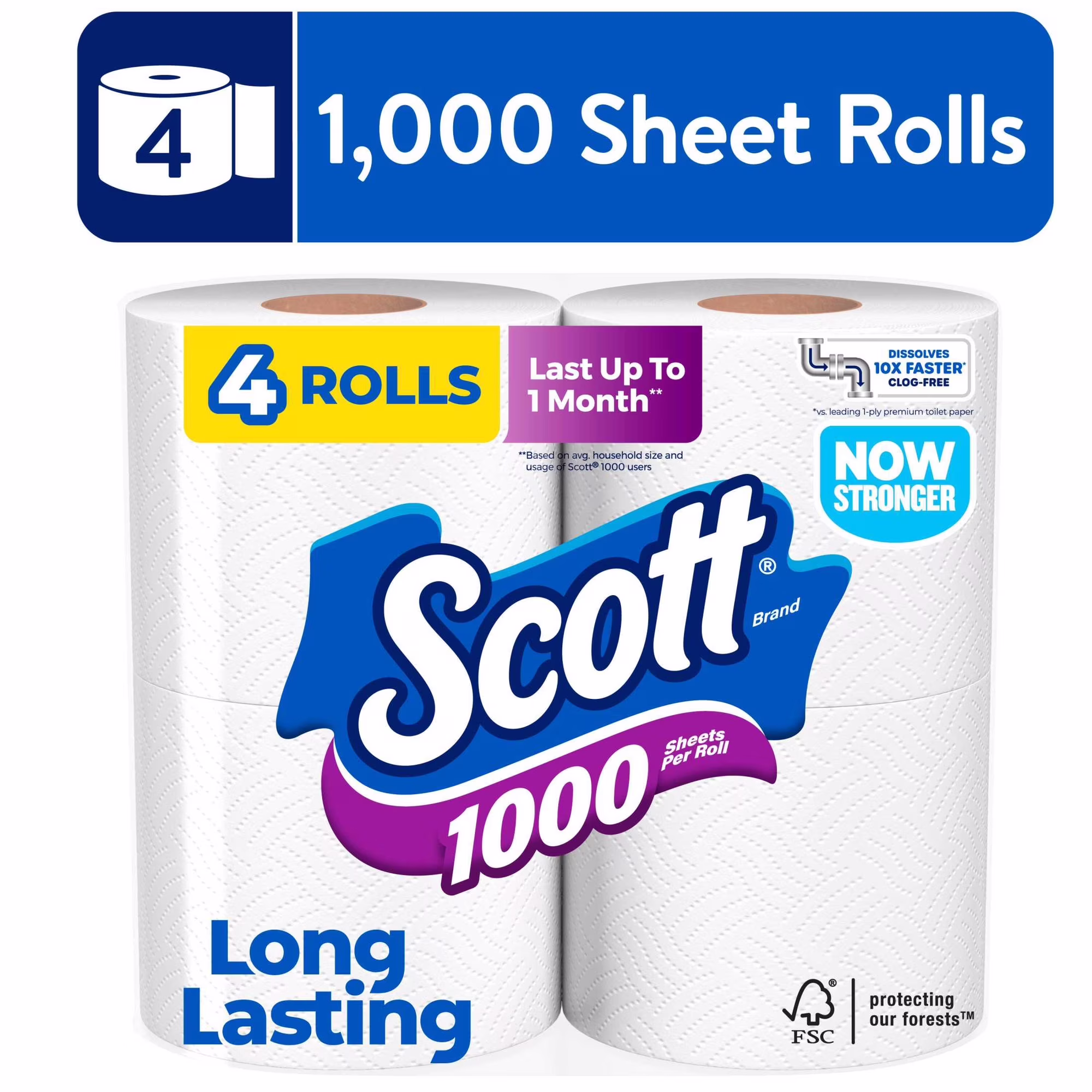 Scott 1000 1-Ply Toilet Paper, 4 Rolls, 1,000 Sheets per Roll